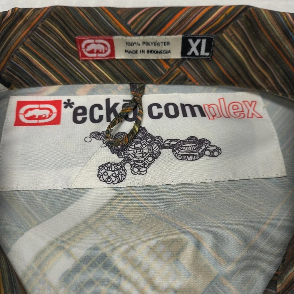 Ecko Unltd Complex Mens XL Brown Geometric Boombox Embroidered Button Up Shirt - Picture 4 of 11